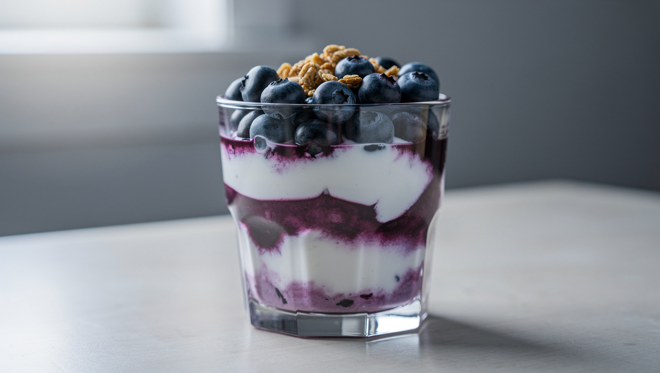 블루베리 효능 — blueberry yogurt parfait in glass, food photograph
