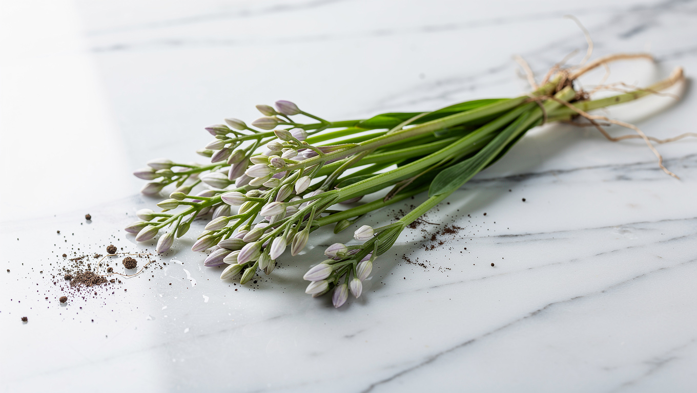 달래 효능 — fresh Korean wild garlic dallae spring herb on whi