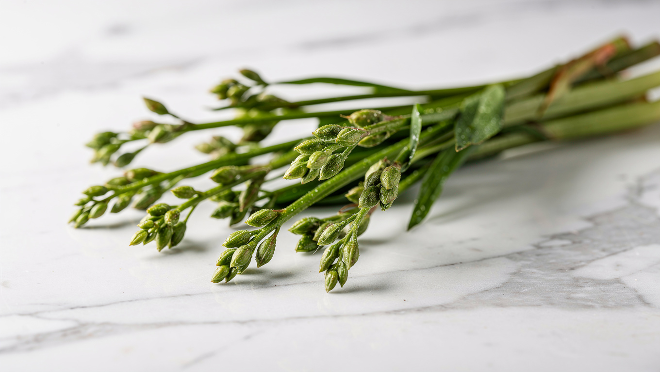 달래 효능 — fresh Korean wild garlic dallae spring herb on whi