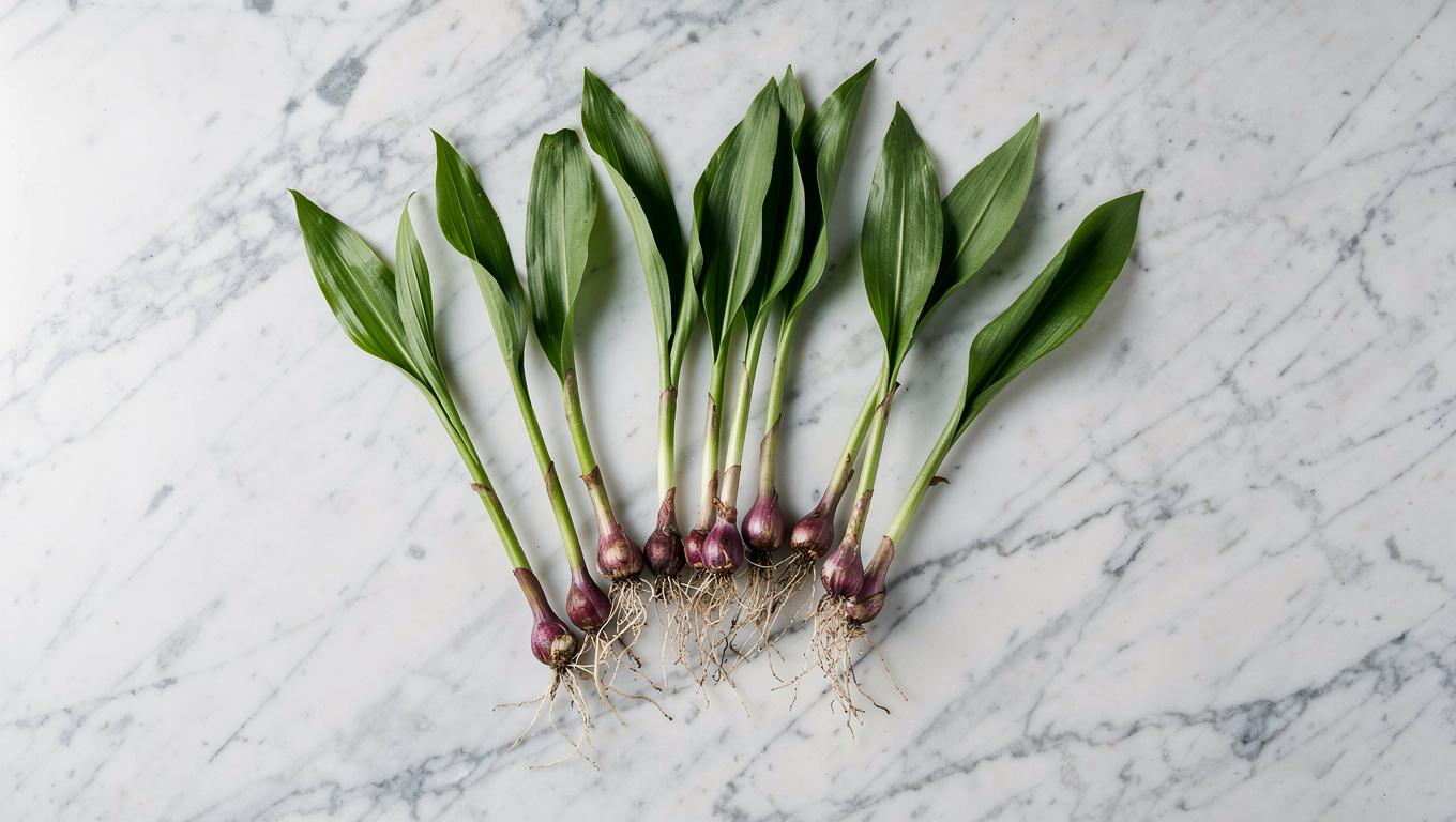 달래 효능 — fresh Korean wild garlic dallae spring herb on whi