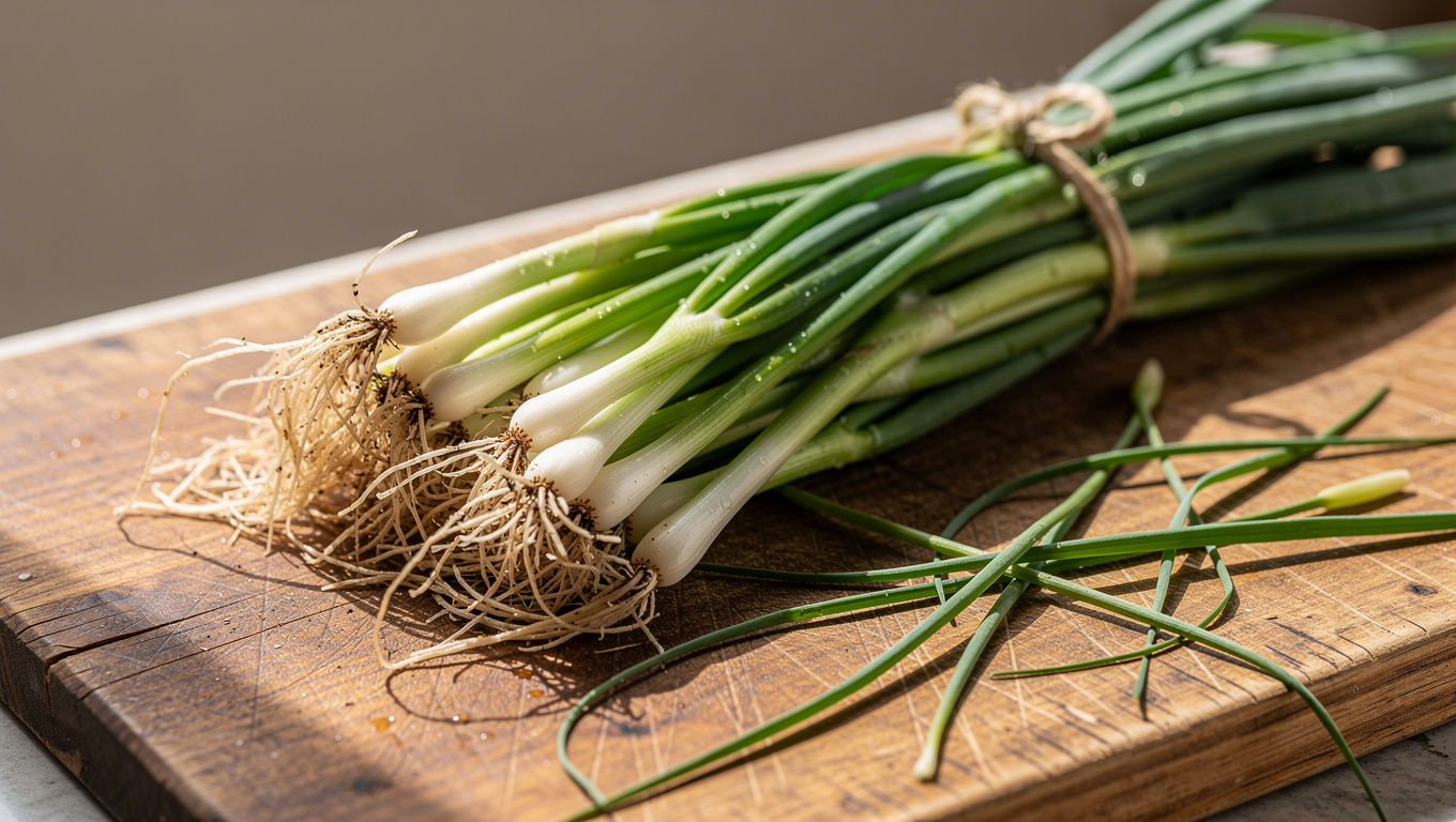 달래 효능 — Korean dallae wild chive bundle with roots on wood