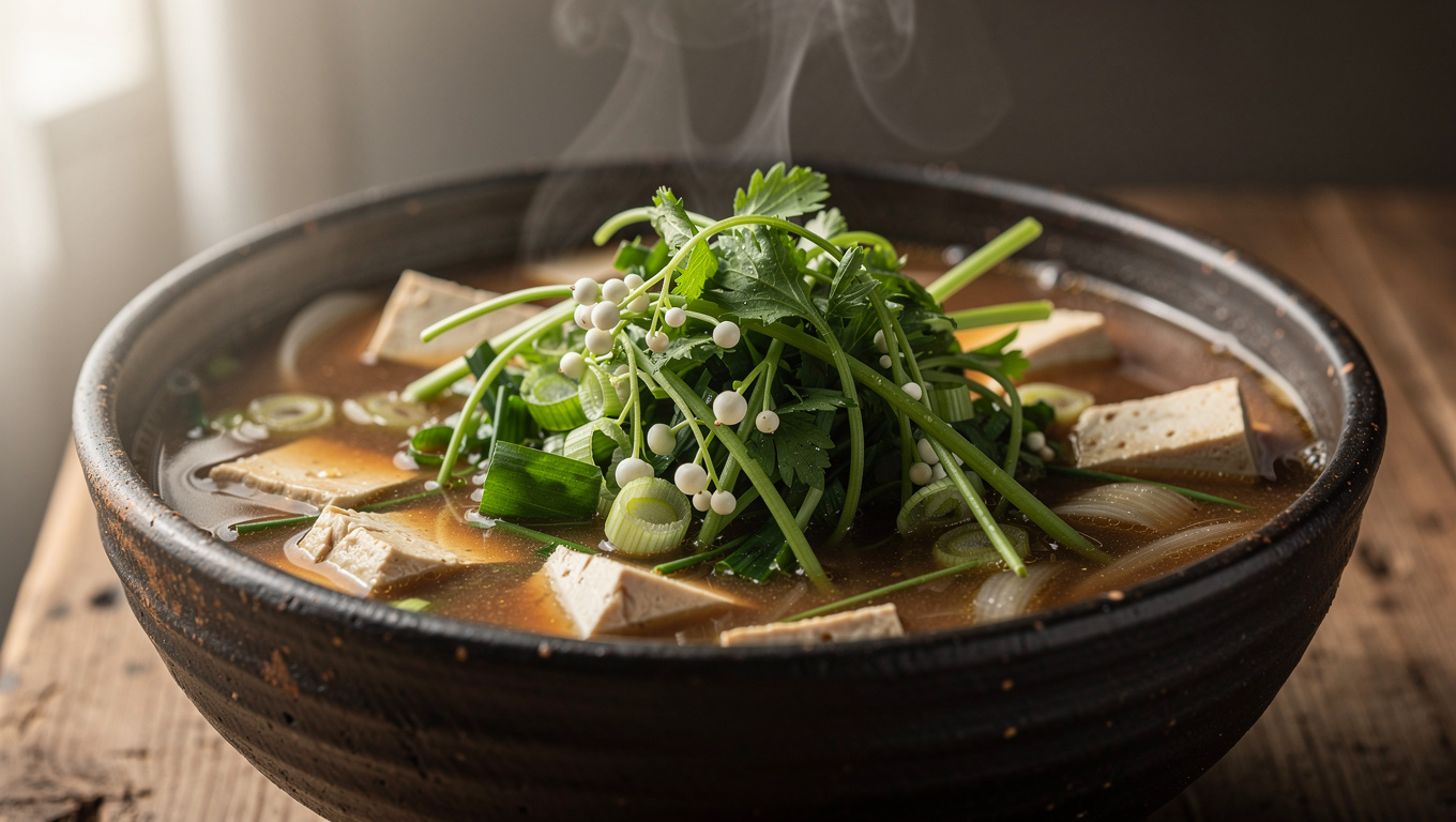 달래 효능 — Korean dallae doenjang soup bowl with spring herbs