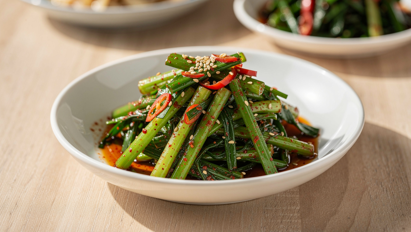 달래 효능 — Korean dallae namul seasoned salad in white bowl, 