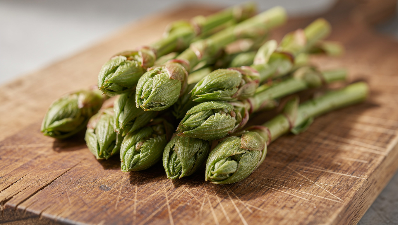 두릅 효능 — close-up Korean dureup tree sprouts on wooden boar