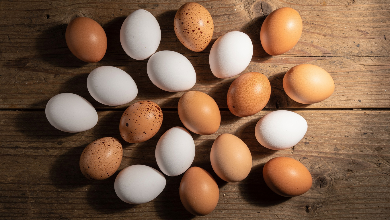 계란 효능 — fresh eggs white and brown on wooden table natural