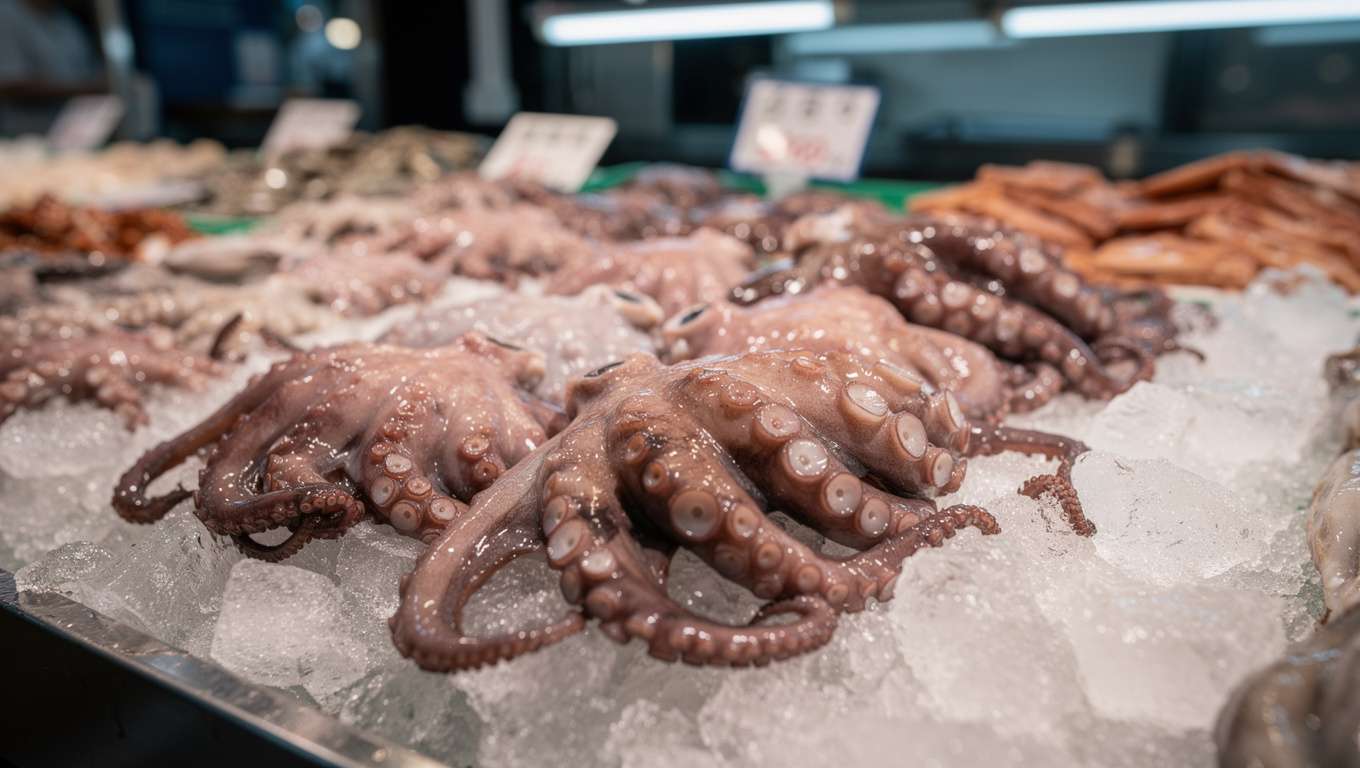 주꾸미 효능 — raw Korean small octopus jukkumi on ice at seafood
