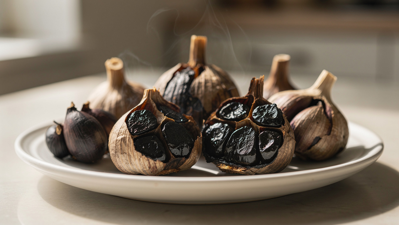 마늘 효능 — black garlic fermented on plate, Korean superfood,