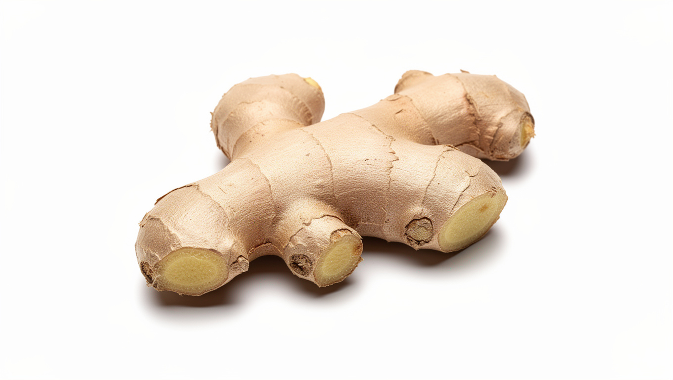 생강 효능 — fresh ginger root on white background, food photog