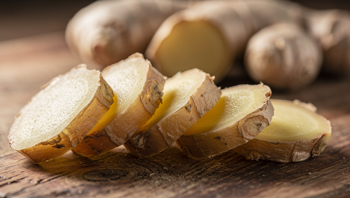 생강 효능 — sliced ginger pieces on wooden board, close-up, fo