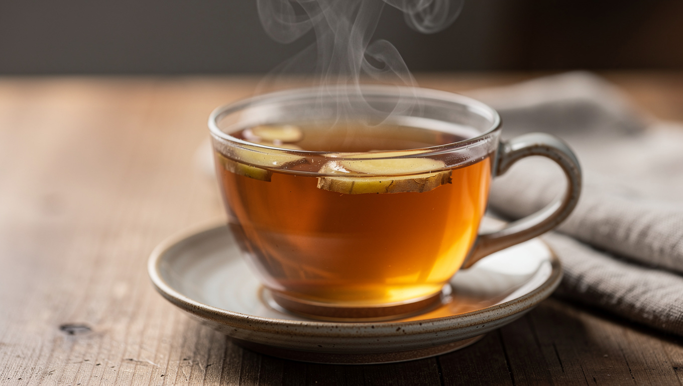 생강 효능 — Korean ginger tea in ceramic cup, steam rising, co