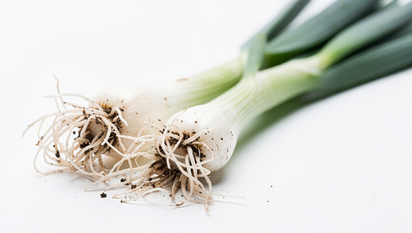 파 효능 — fresh green onion roots and stems macro photograph