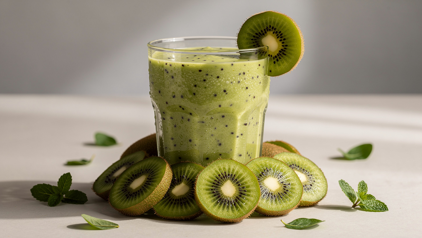 키위 효능 — kiwi smoothie in glass with fresh kiwi slices, foo