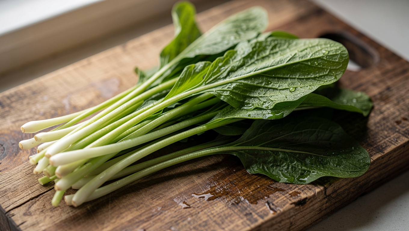 미나리 효능 — bunch of Korean minari water parsley on wooden boa