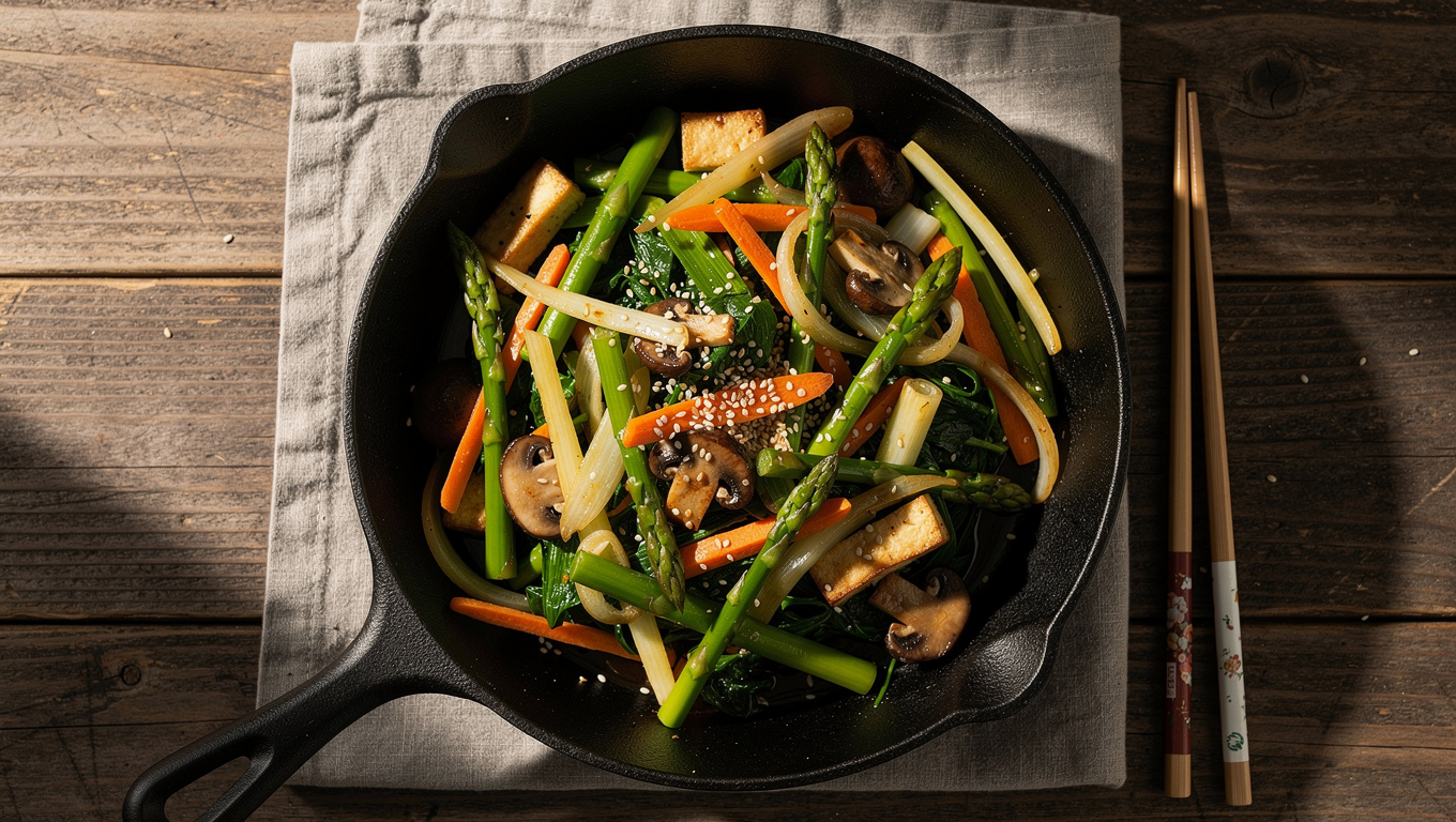 미나리 효능 — Korean minari stir-fry dish in pan with spring veg