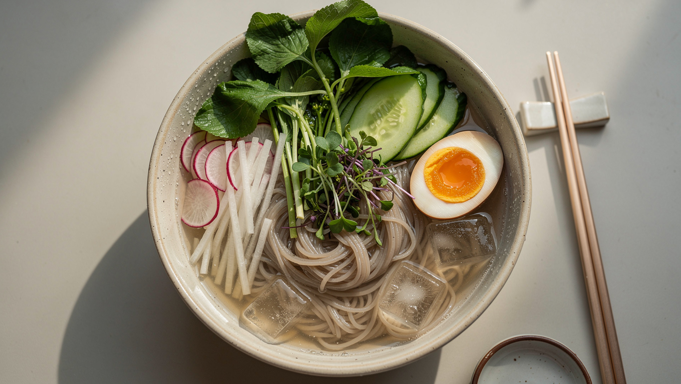 미나리 효능 — Korean minari cold noodle bowl with spring herbs, 
