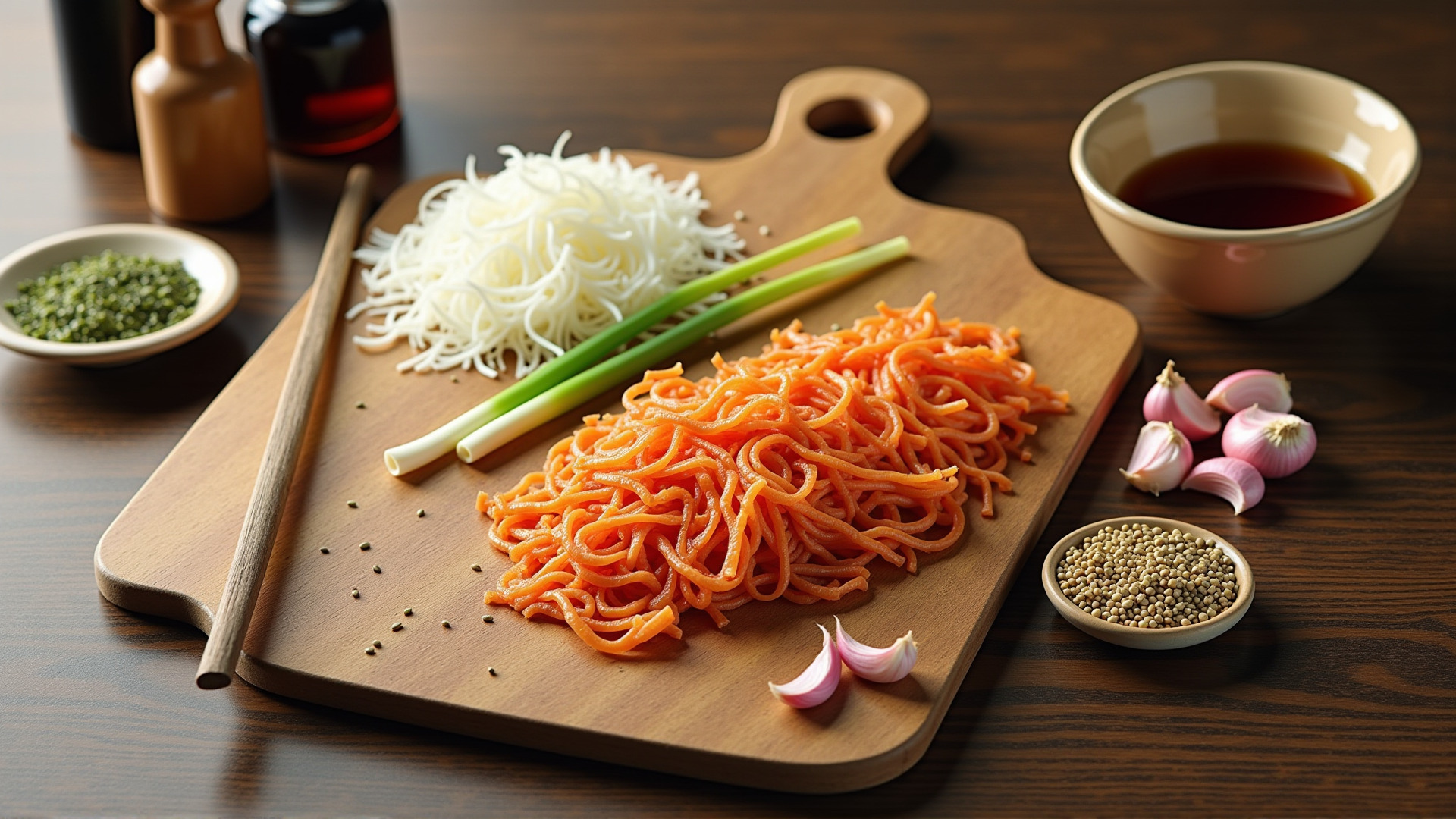hwangtaechae dried shredded pollack ingredients laid out on wooden cutting board