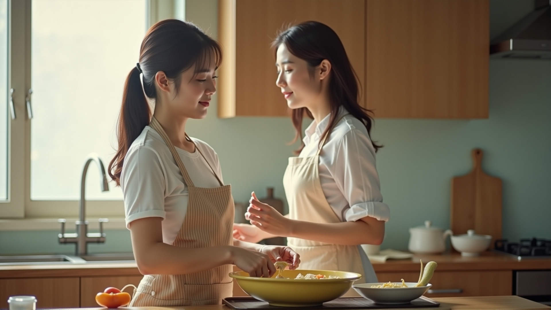 glamorous Korean woman 20s stunning beautiful face gorgeous curves in home kitch