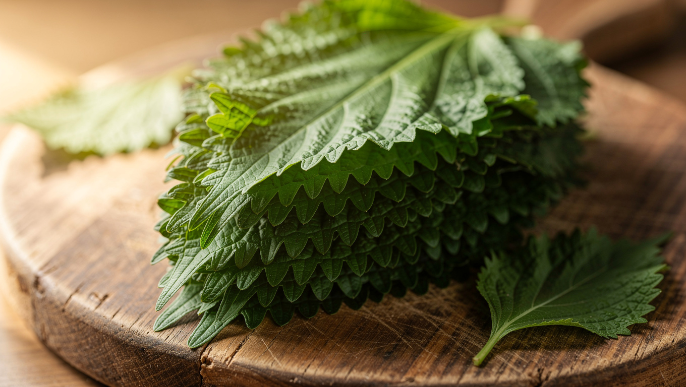 깻잎 효능 — stack of Korean perilla leaves on wooden board, cl