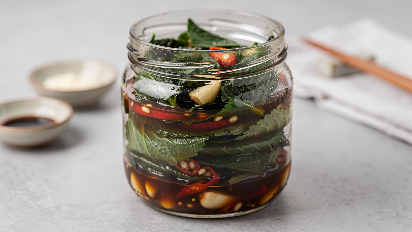 깻잎 효능 — Korean perilla leaf pickle jangajji in glass jar,