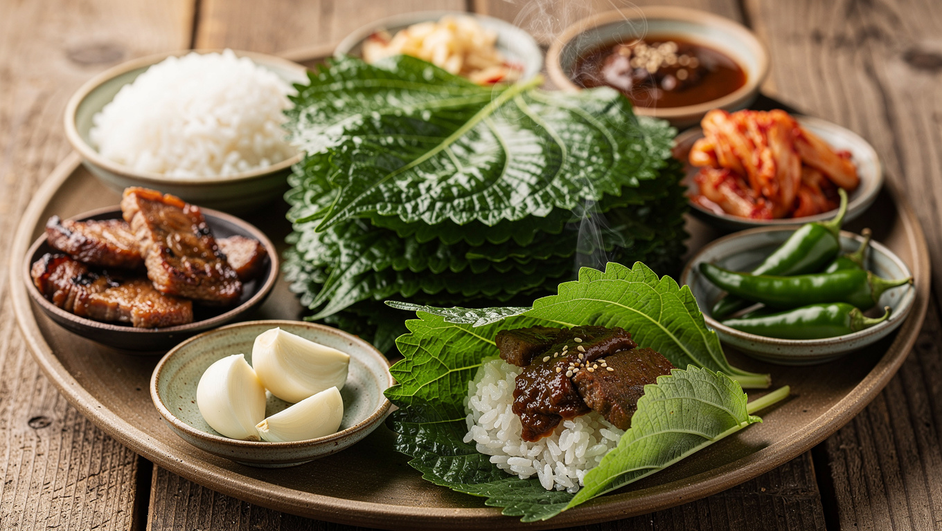 깻잎 효능 — Korean perilla leaf wraps ssam with rice, food pho