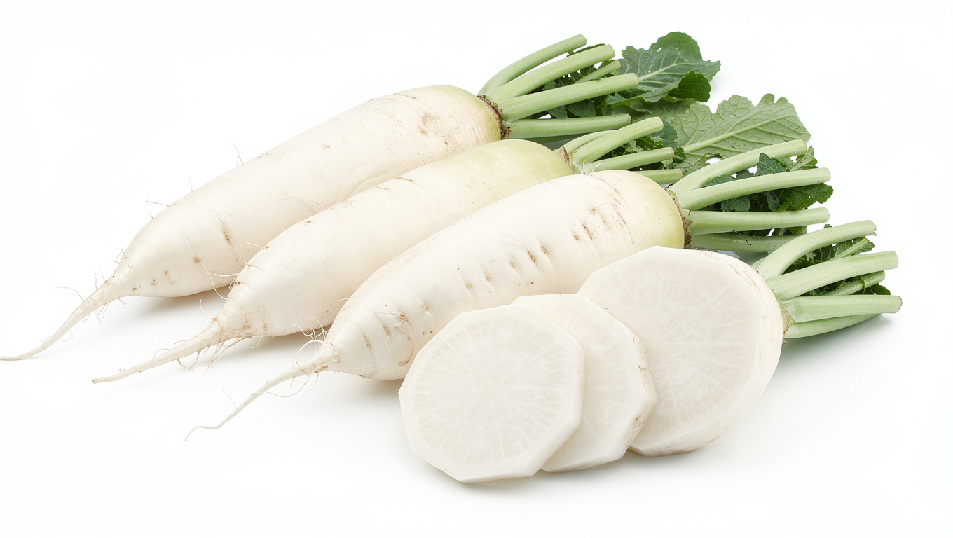 무 효능 — fresh Korean white radish mu on white background,