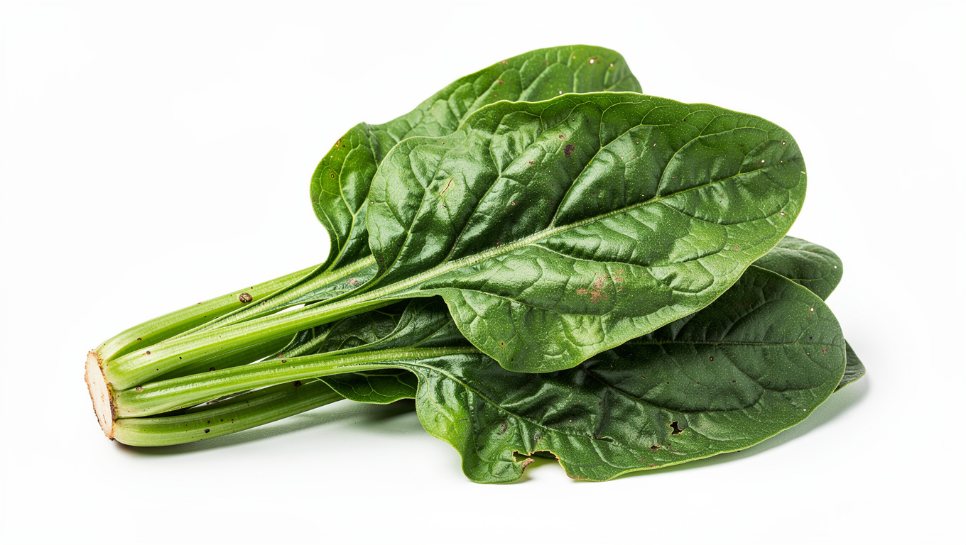 시금치 효능 — fresh Korean spinach sigeumchi bunch on white back