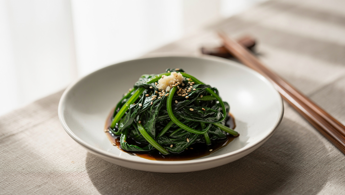 시금치 효능 — Korean spinach namul seasoned spinach in white bow