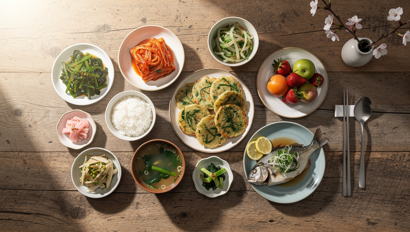 봄철 피로 해소 음식 — Korean spring seasonal foods arrangement on table,