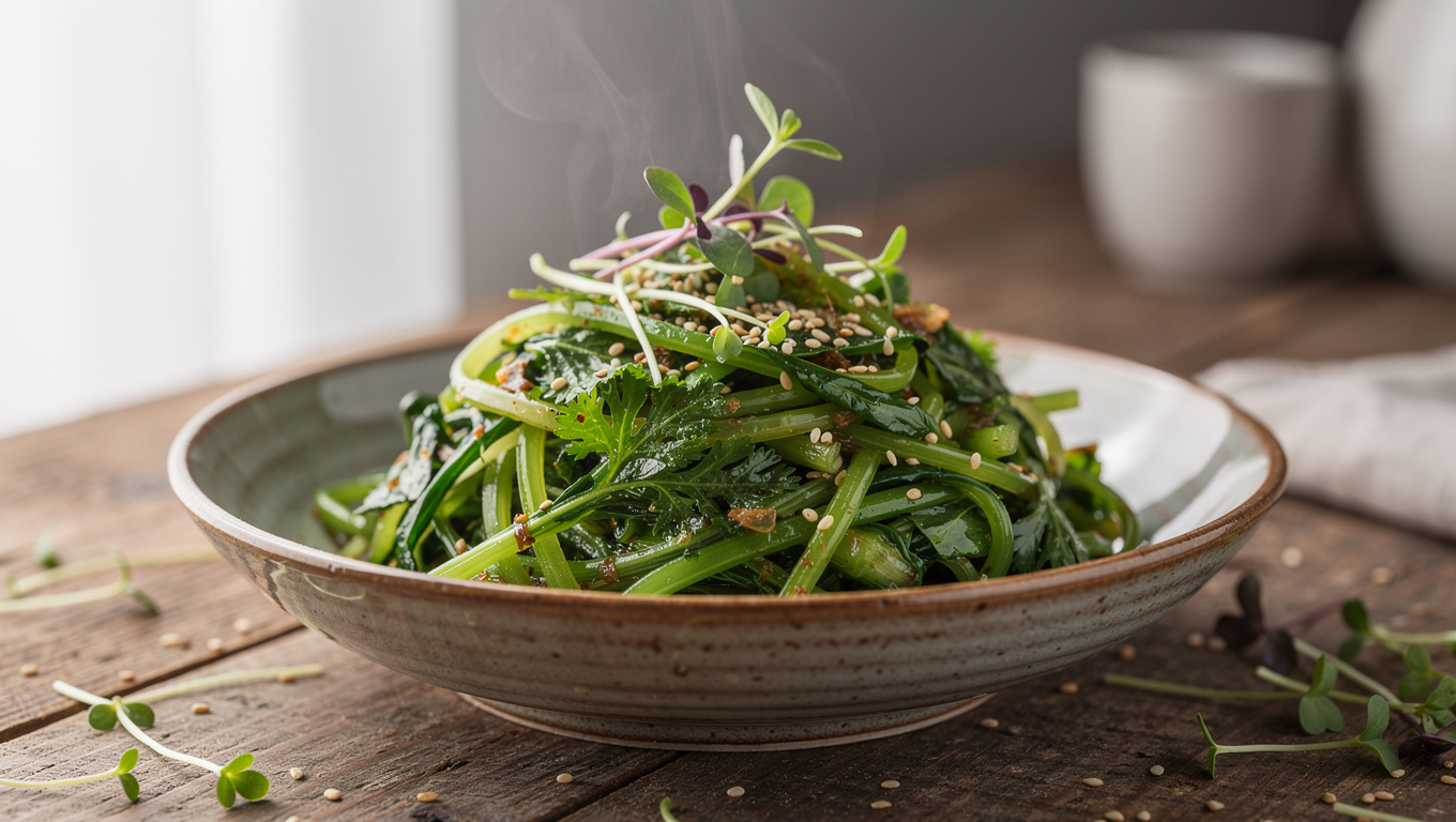봄철 피로 해소 음식 — bowl of spring greens namul seasonal herbs, food s