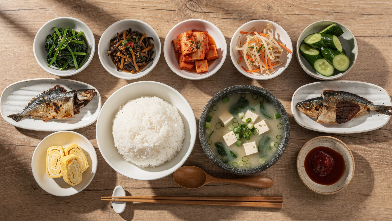 봄철 피로 해소 음식 — Korean traditional spring meal with various side d