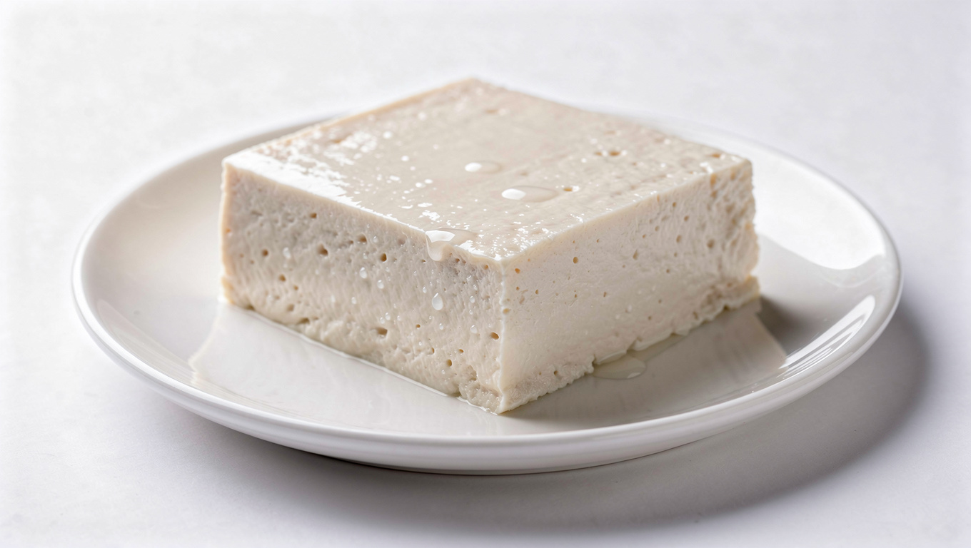 두부 효능 — fresh Korean tofu block on white plate, food photo