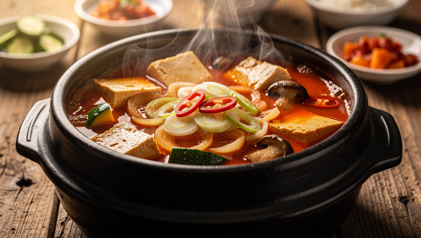 두부 효능 — Korean dubu jjigae tofu stew in earthenware bowl,