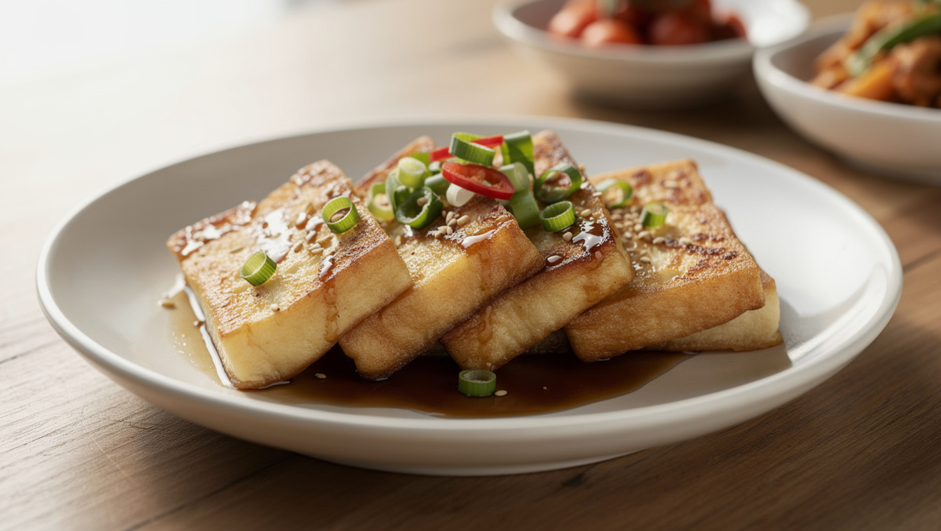 두부 효능 — pan-fried tofu with soy sauce garnish