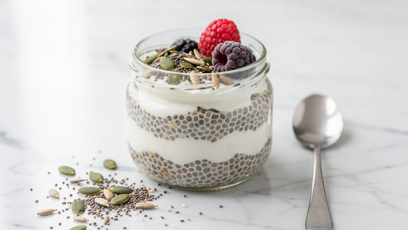 치아씨드 효능 — Chia pudding with seeds and yogurt, clean health f